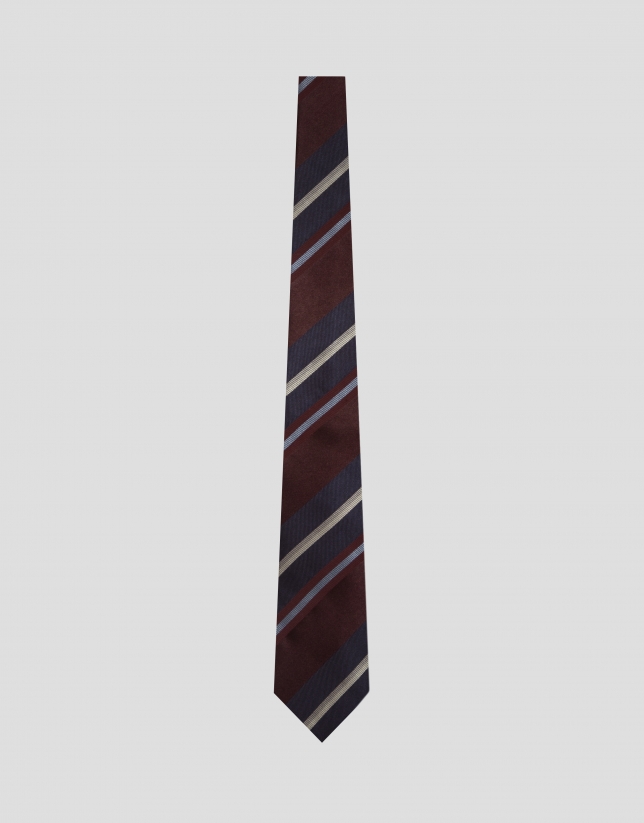 Corbata de seda rayas azules/crudo/rojo oscuro