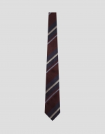 Silk tie with blue/ecru/dark red stripes
