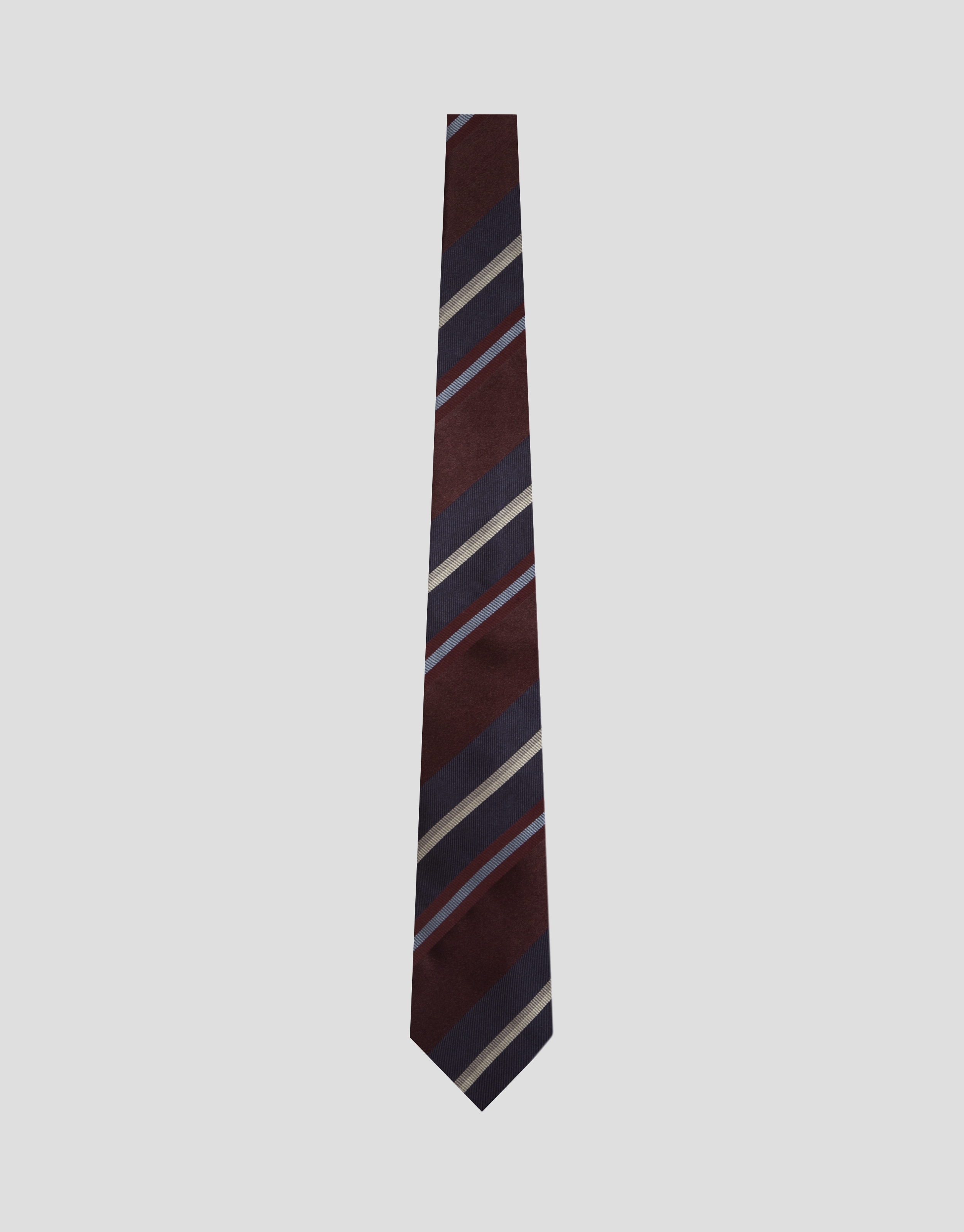 Silk tie with blue/ecru/dark red stripes