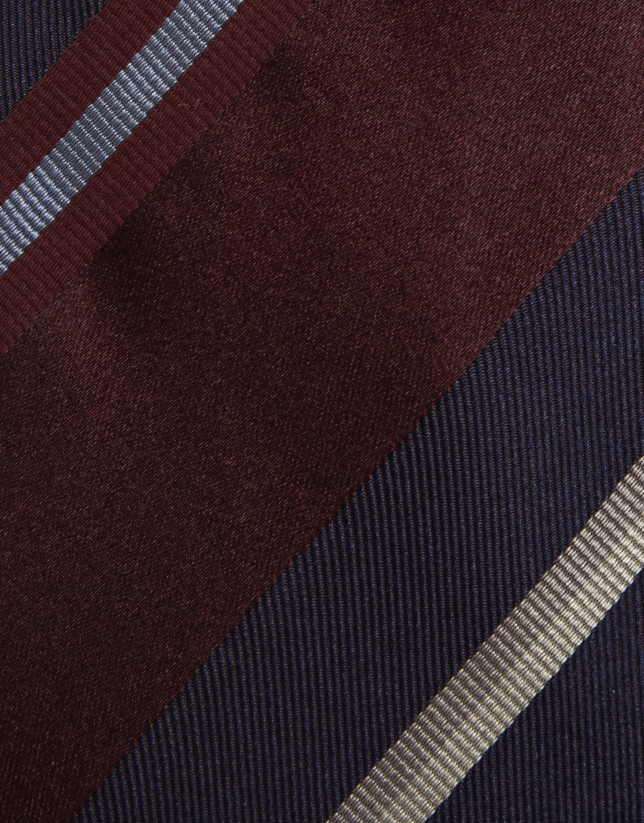 Silk tie with blue/ecru/dark red stripes