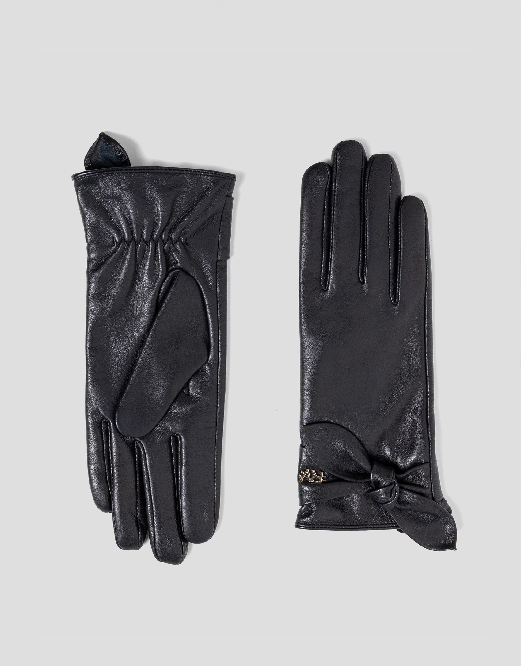 Black napa leather gloves with knotted bow