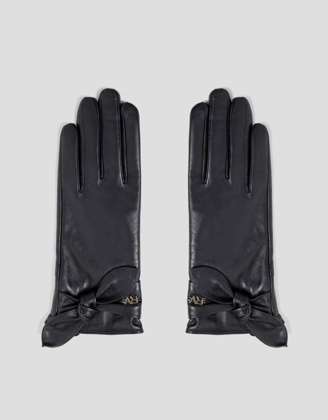 Black napa leather gloves with knotted bow