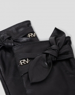 Black napa leather gloves with knotted bow
