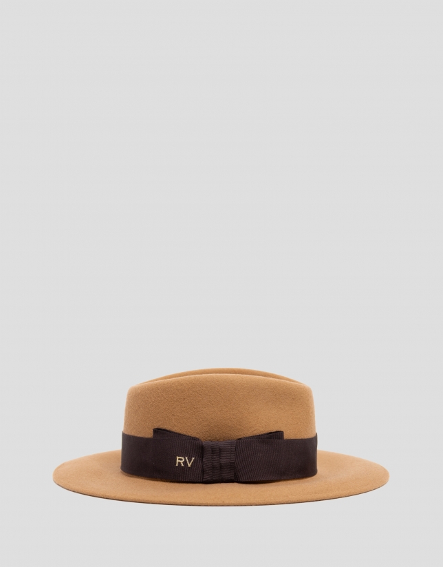 Camel felt wide-brimmed hat with matching bow