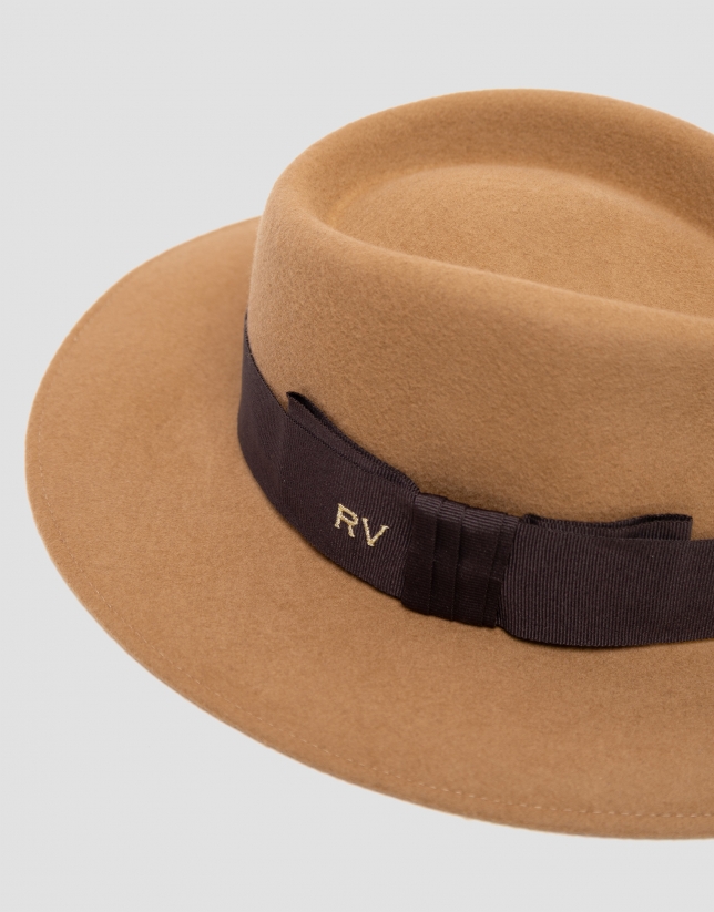 Camel felt wide-brimmed hat with matching bow