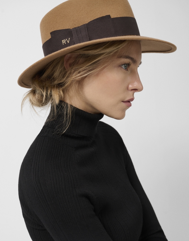 Camel felt wide-brimmed hat with matching bow
