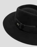Wide-brimmed black felt hat with contrasting bow