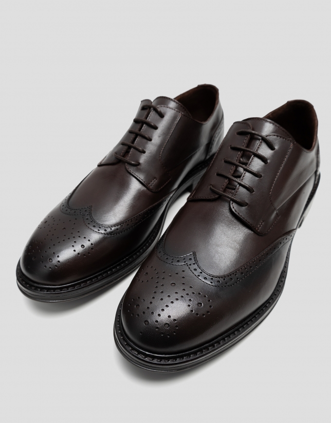Brown leather blucher-style brogue shoes
