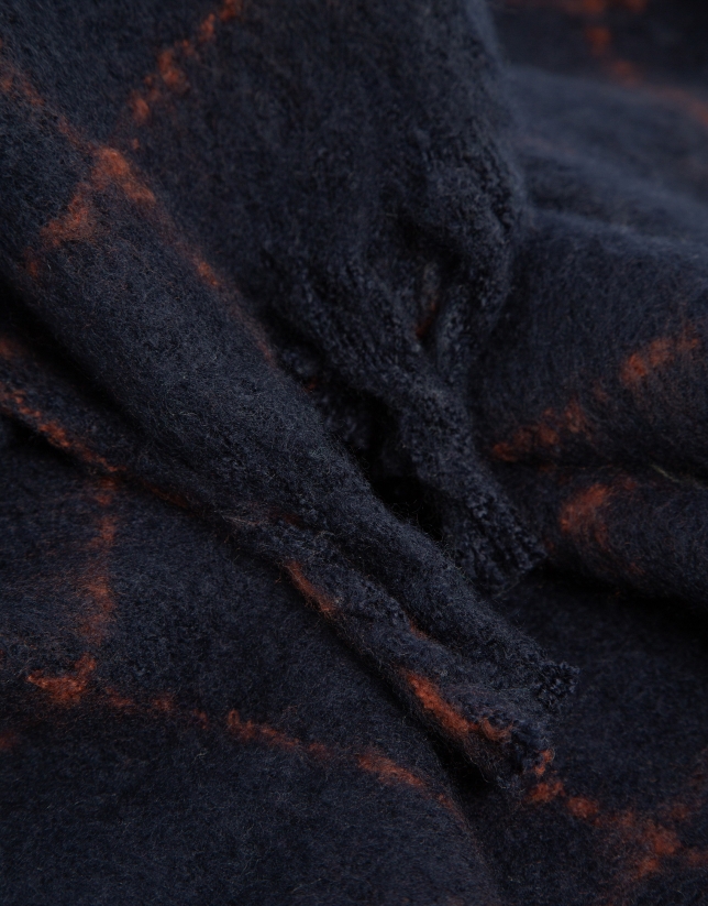 Blue checked scarf with orange brushed effect edges