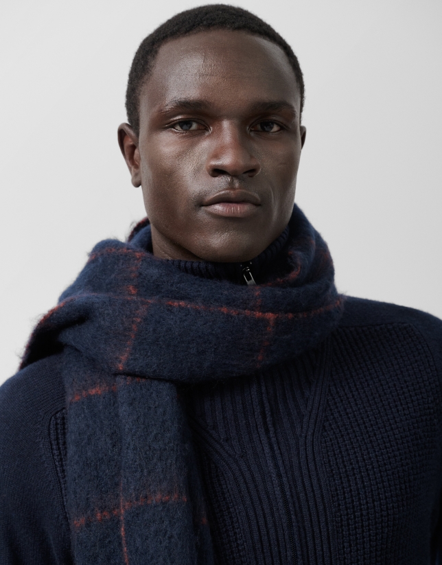 Blue checked scarf with orange brushed effect edges