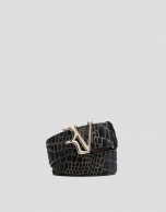 Black alligator-effect embossed leather belt