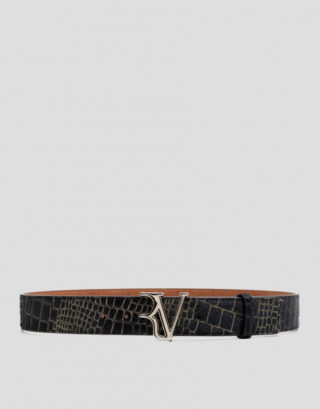Black alligator-effect embossed leather belt