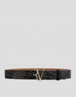 Black alligator-effect embossed leather belt