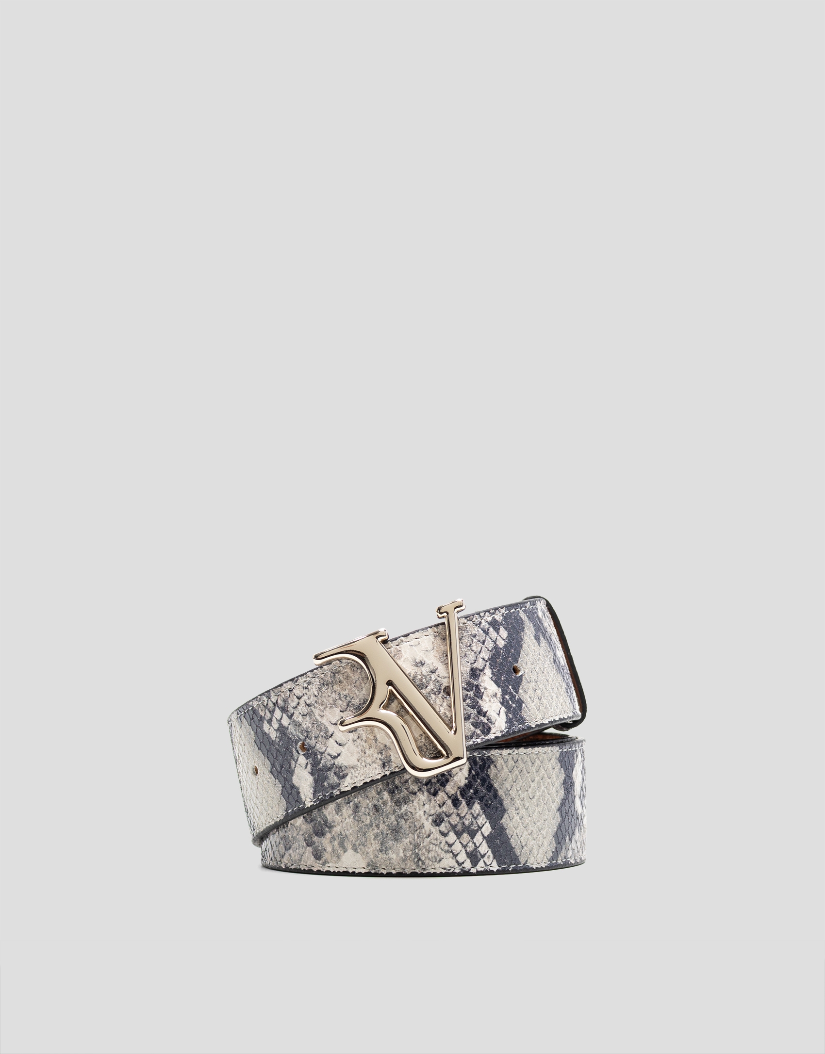 Grey snakeskin embossed leather belt