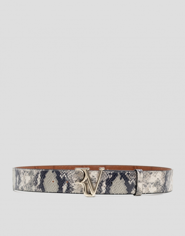 Grey snake-embossed leather belt