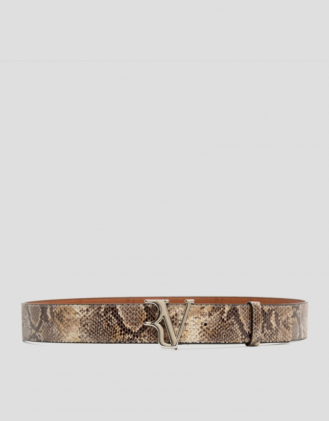 Beige snake-embossed leather belt