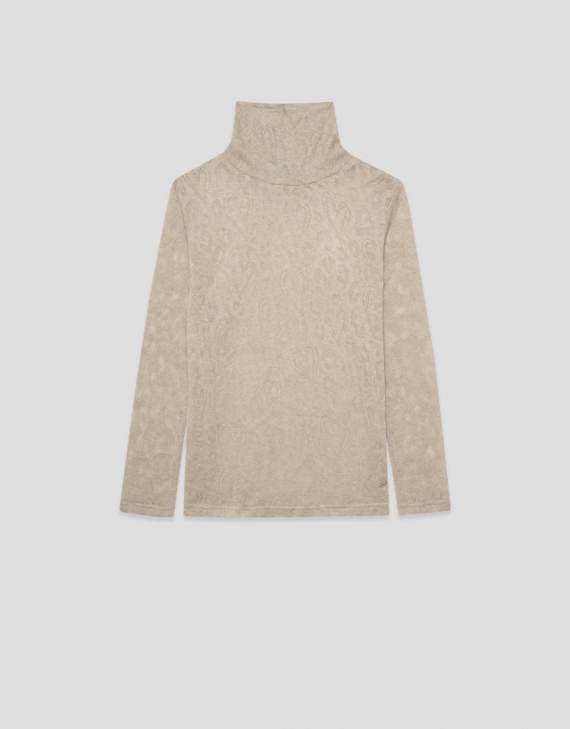Camel print devor&eacute; knit T-shirt