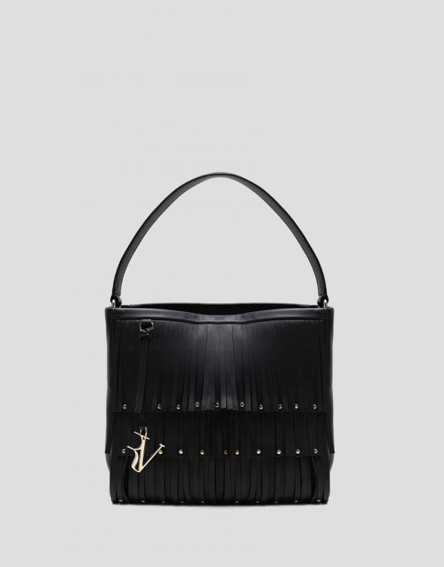 Chloe black leather bucket bag with fringes