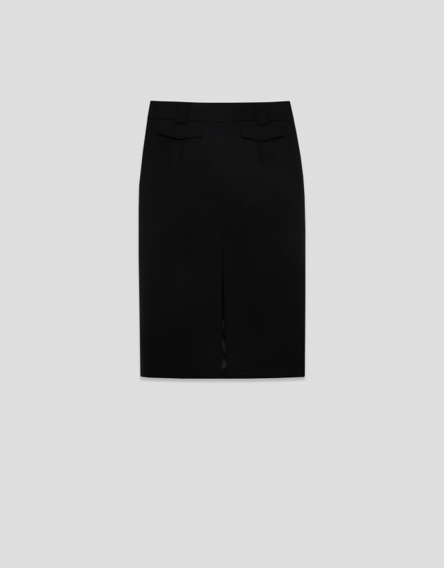 Falda recta midi tejido t&eacute;cnico negro