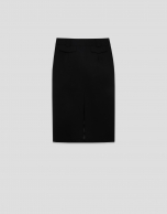 Black technical fabric straight midi skirt