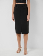 Falda recta midi tejido t&eacute;cnico negro