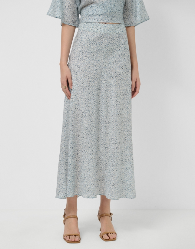 Midi skirt with slits in printed crepe in shades of blue