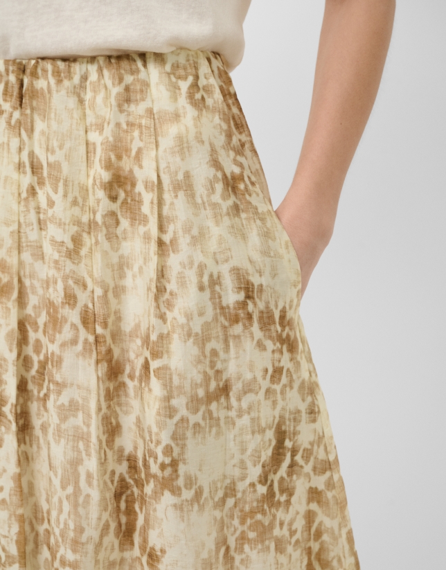 Beige-toned printed crepe midi skirt
