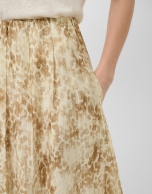 Beige-toned printed crepe midi skirt