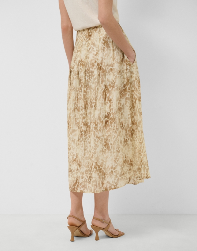 Beige-toned printed crepe midi skirt