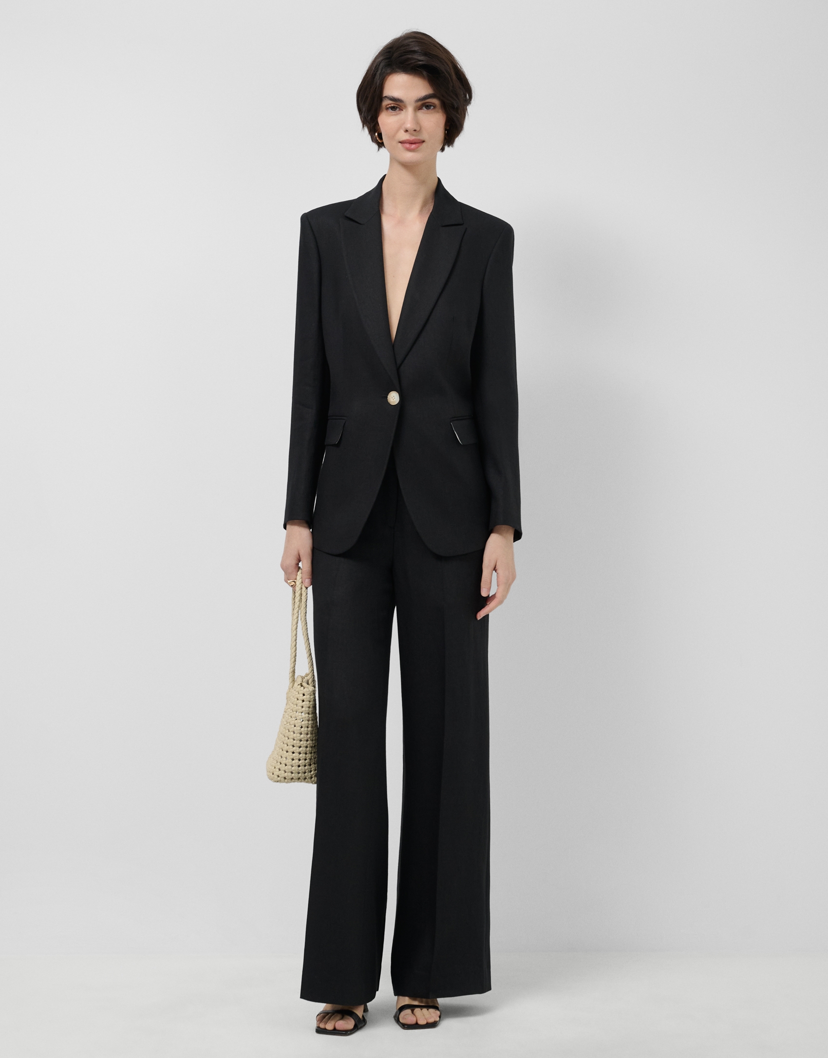 Black linen blend straight-leg trousers