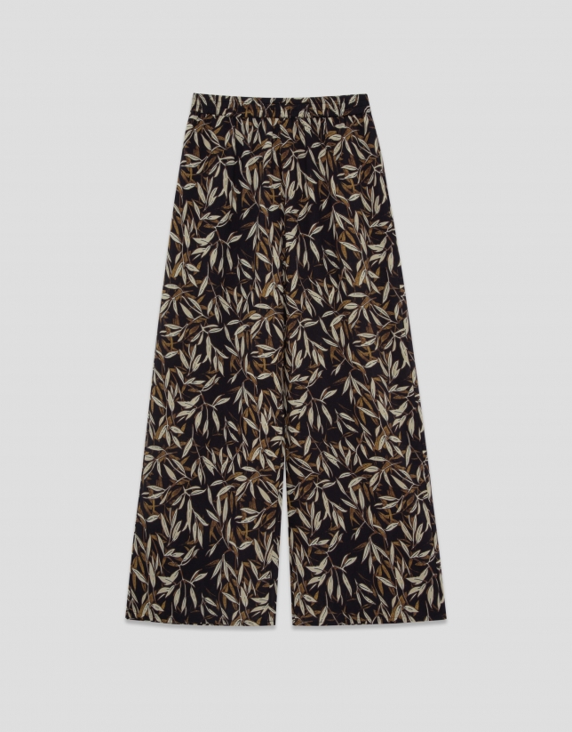 Brown leaf print crepe palazzo trousers