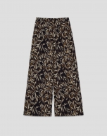 Brown leaf print crepe palazzo trousers