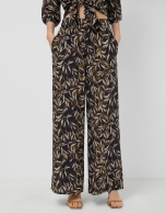 Brown leaf print crepe palazzo trousers