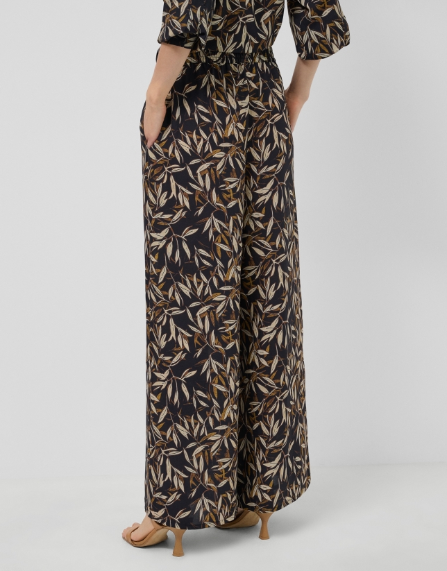 Brown leaf print crepe palazzo trousers