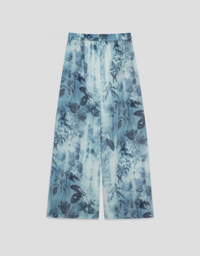 Blue floral print crepe palazzo trousers