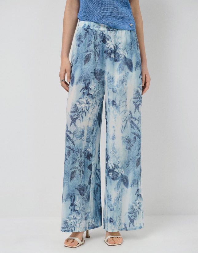 Blue floral print crepe palazzo trousers