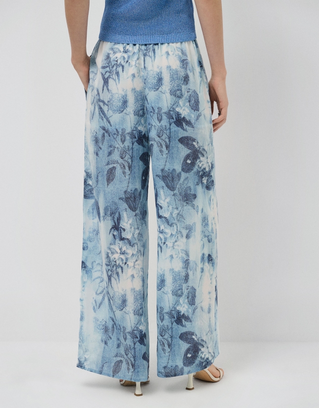 Pantal&oacute;n palazzo crep&eacute; estampado floral tonos azules