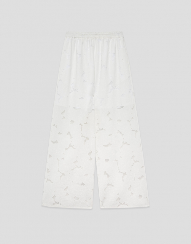 Pantal&oacute;n palazzo devor&eacute; blanco con estampado floral