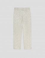 Pantal&oacute;n recto beige jacquard floral hilo metalizado