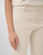Beige straight-leg trousers with floral jacquard and metallic thread