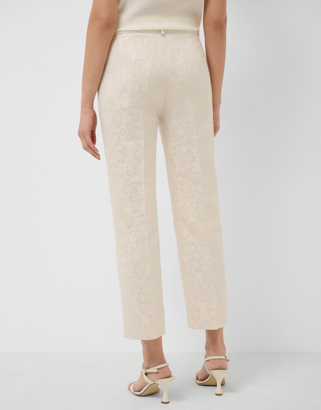 Beige straight-leg trousers with floral jacquard and metallic thread