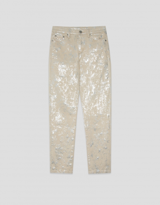 Camel five-pocket trousers with silver laminated print