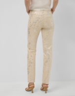 Camel five-pocket trousers with silver laminated print