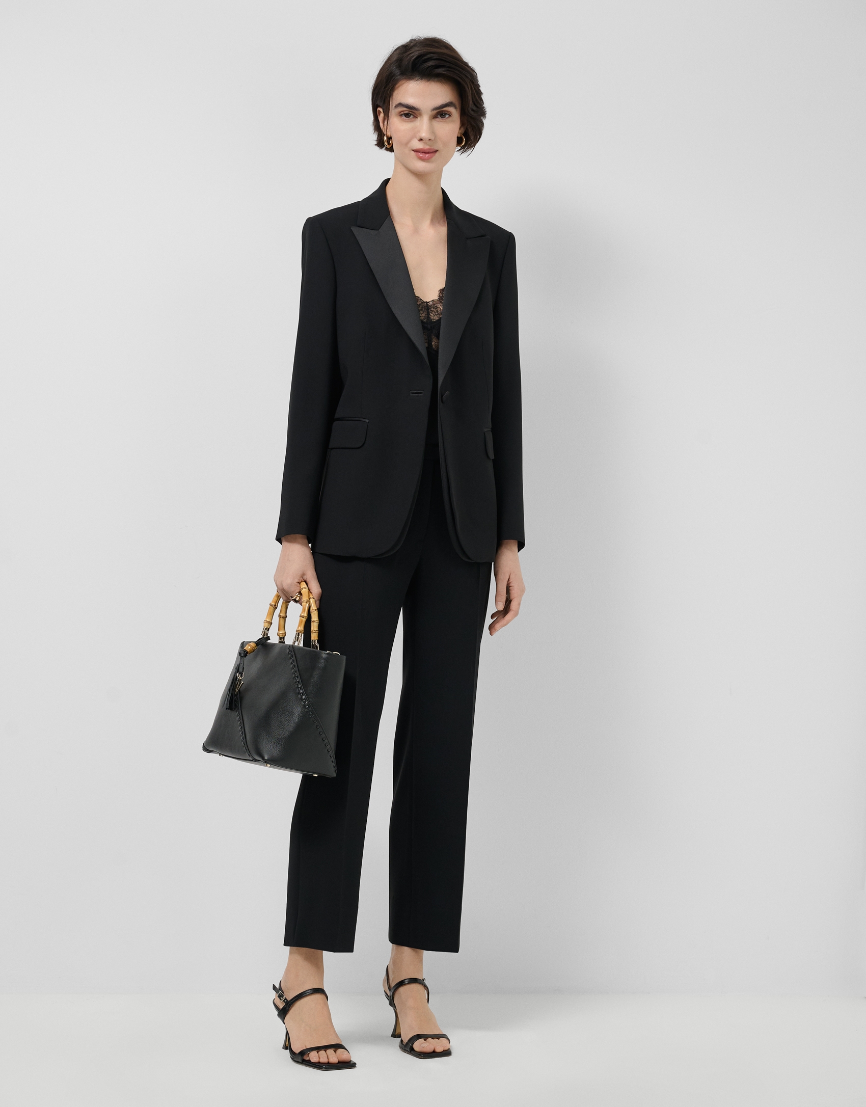 Black crepe straight-leg trousers with slit