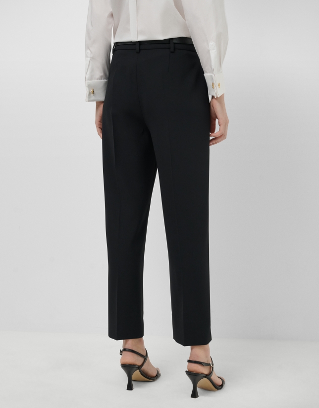 Black crepe straight-leg trousers with slit