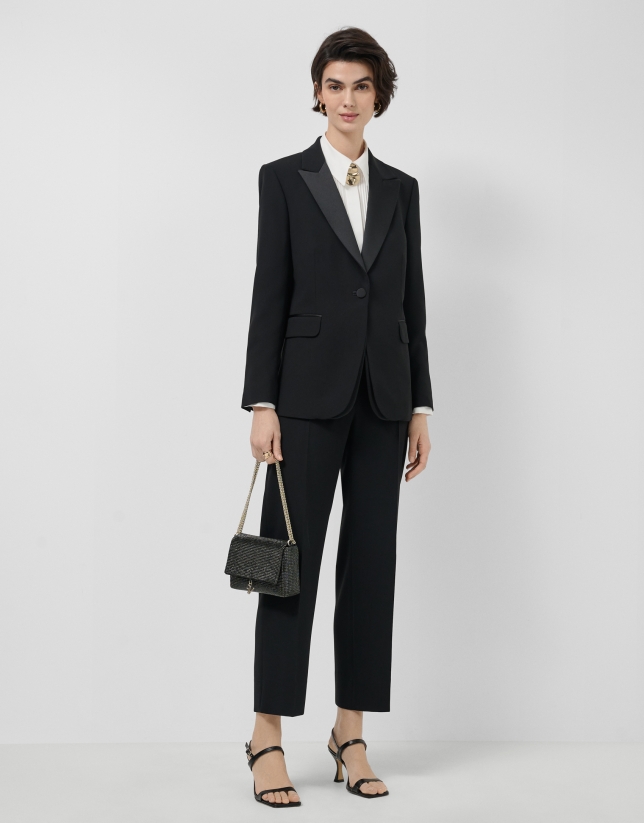 Black crepe straight-leg trousers with slit
