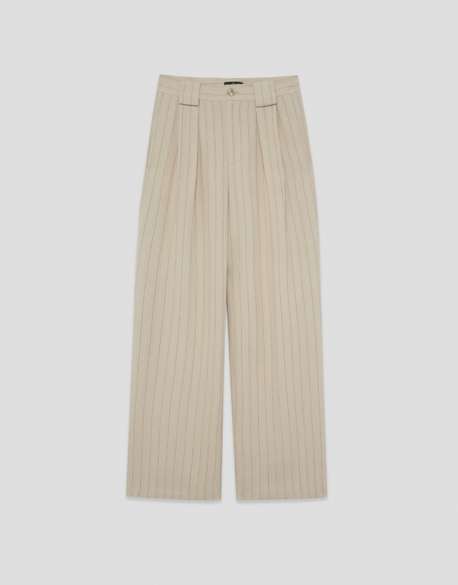 Beige pleated trousers with black pinstripes