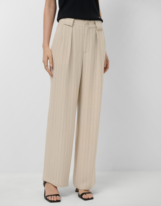 Beige pleated trousers with black pinstripes