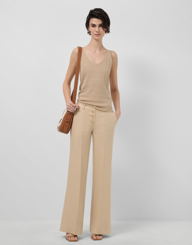 Wide-leg trousers with button closure, linen blend, camel