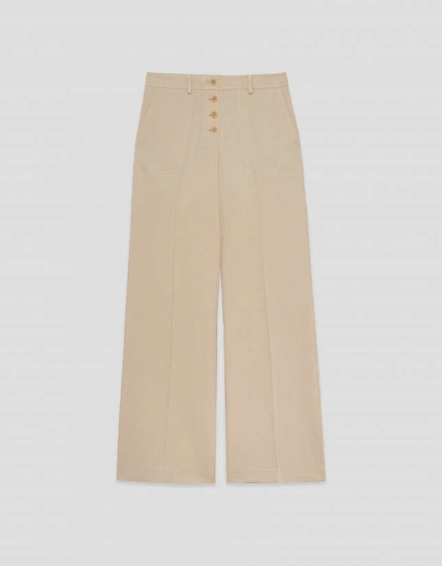Pantal&oacute;n ancho con botonadura mezcla lino c&aacute;mel